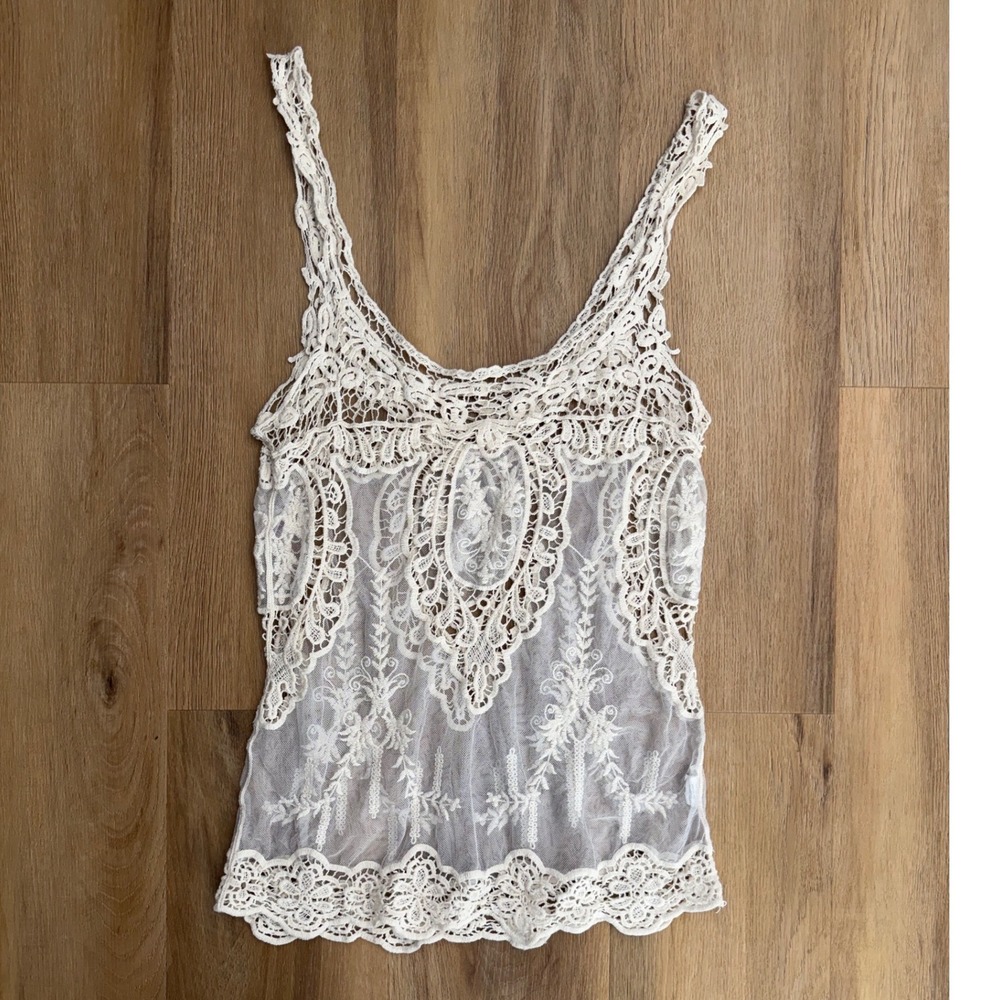 Ivory Lace Crochet Boho Tank Top M Indie Sleaze Mesh festival coastal resort